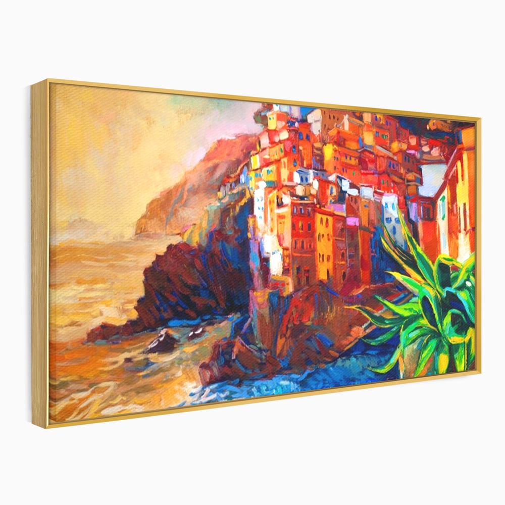 Tablou canvas cu tablou canvas cu oras pe stanci, in rama de aluminiu auriu